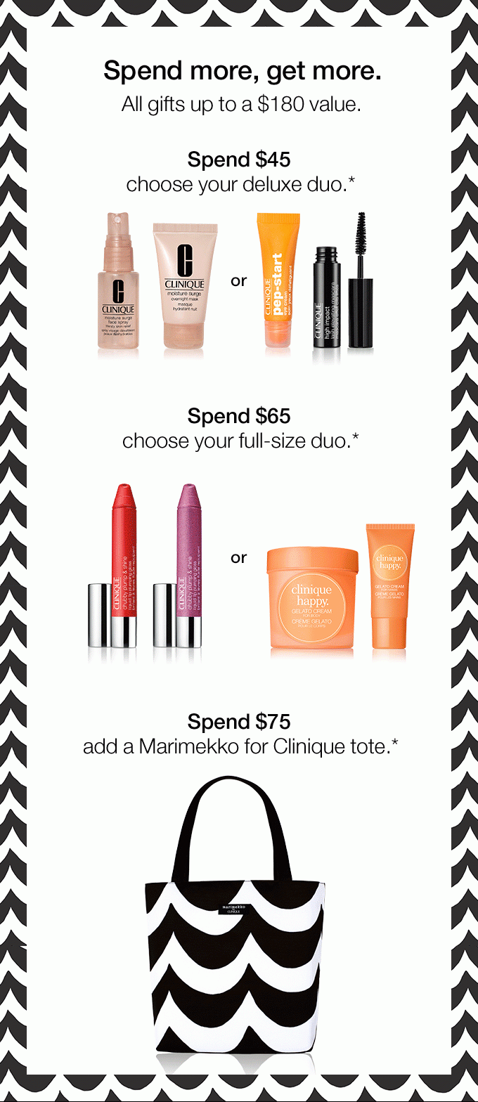 Spend more, get more. Choose a free duo with any $55 purchase.* CODE SKINFAVES CODE EYEFAVES Free tote with any $75 purchase.* NO CODE NEEDED All gifts up to a $135 value.