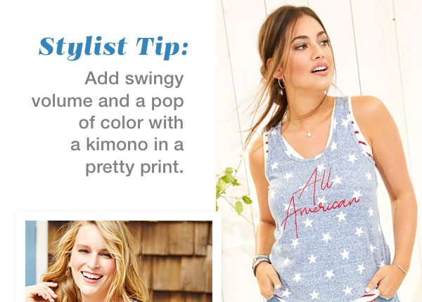 Stylist tip: Add swingy volume and a pop of color with a kimono in a pretty print.