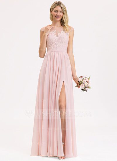 A-Line Scoop Neck Floor-Length Chiffon Lace Bridesmaid Dress...