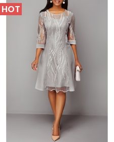 ROTITA Lace Panel Light Grey 3/4 Sleeve Dress