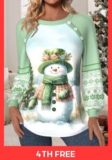 Christmas Light Green Patchwork Long Sleeve Round Neck Sweatshirt