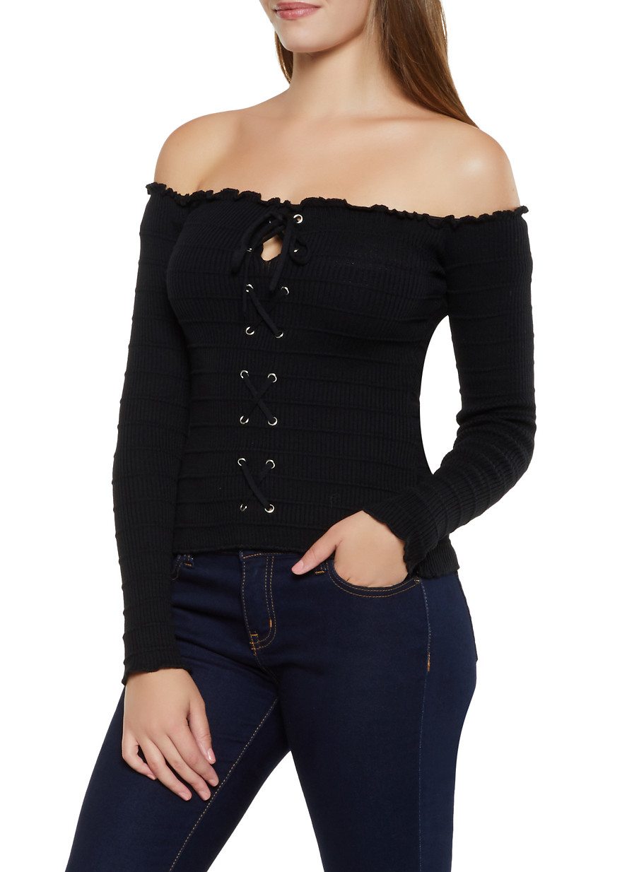 Lace Up Ribbed Off the Shoulder Top