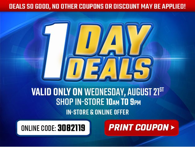 Extra Low Prices for E-Team Members | 1-Day Deals | Coupon valid In-Store Tomorrow, Wednesday, August 21, 2019