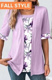 ROTITA Fake 2in1 Floral Print Light Purple T Shirt