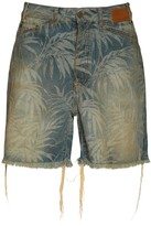 Palm Print Cotton Denim Shorts