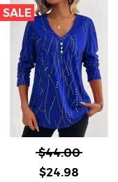 Dark Blue Button Geometric Print Long Sleeve T Shirt