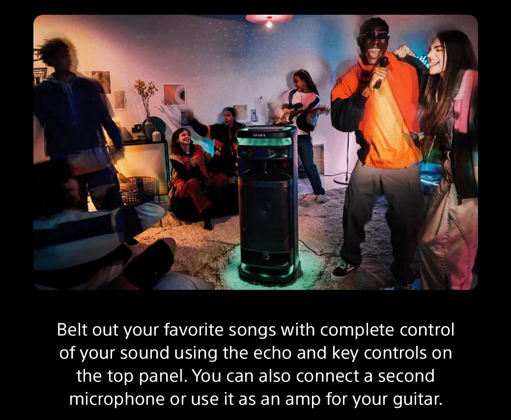 Belt out your favorite songs with complete control of your sound using the echo and key controls on the top panel. You can also connect a second microphone or use it as an amp for your guitar.