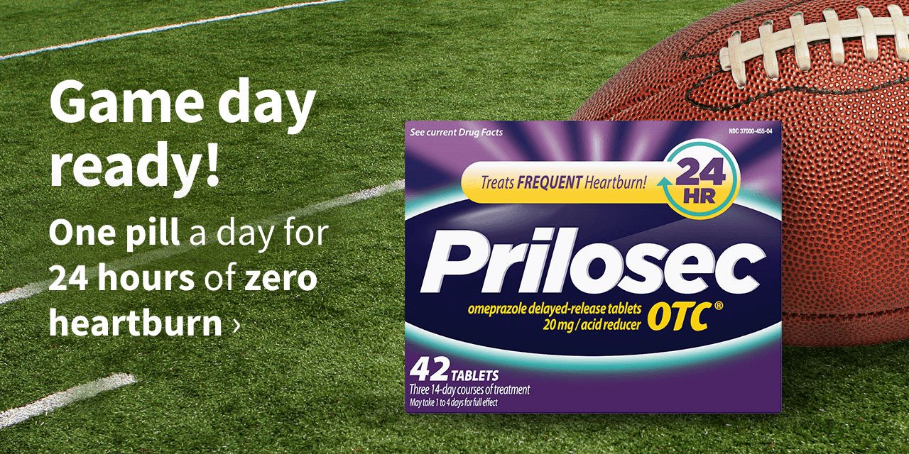 Game day ready! One pill a day for 24 hours of zero heartburn