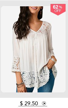 Button Up Lace Patchwork White Blouse