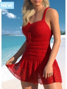 ROTITA Lace Red Ruched One Piece Swimwear