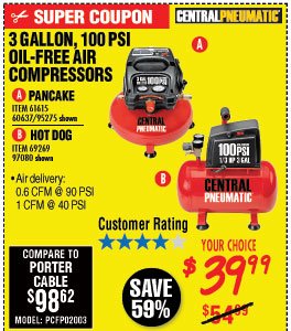 3 gal. 1/3 HP 100 PSI Oilless Hotdog Air Compressor