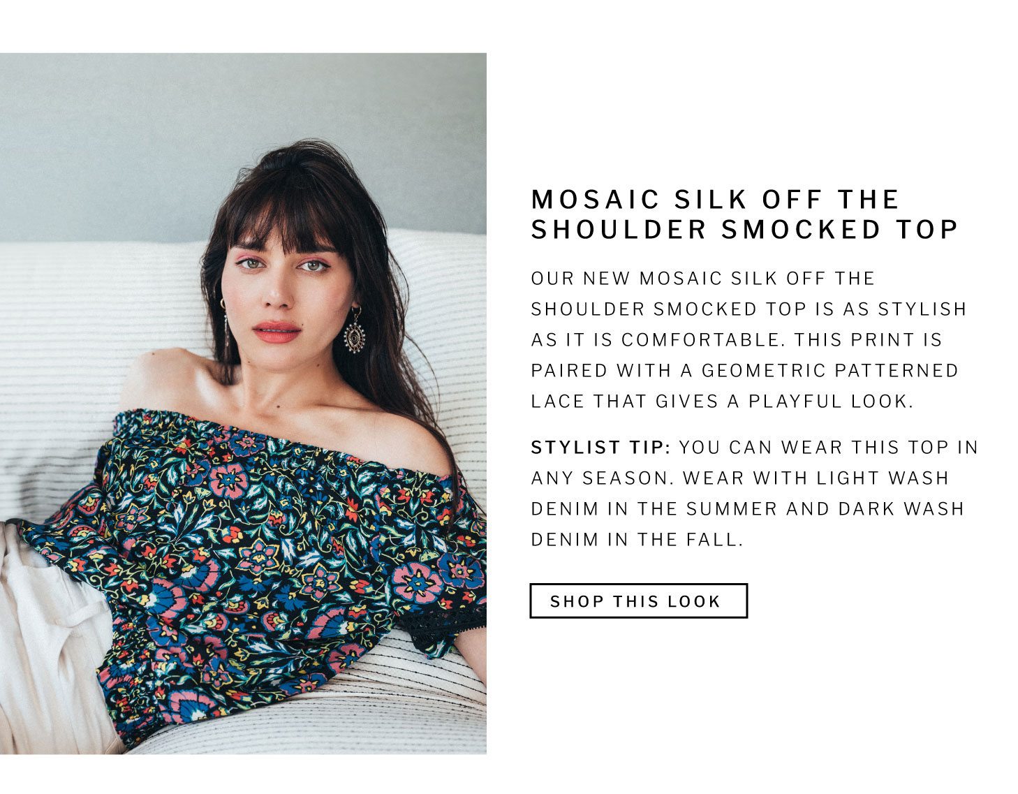 Shop The Mosaic Silk Off The Shoulder Smocked Top