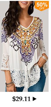 Three Quarter Sleeve Lace Patchwork White Blouse