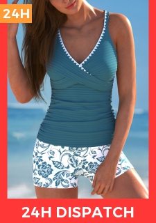 Criss Cross Random Floral Print Peacock Blue Tankini Set