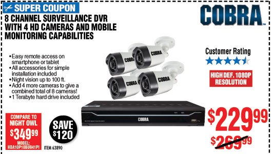 8 Channel Surveillance DVR with 4 HD Cameras and Mobile Monitoring Capabilities