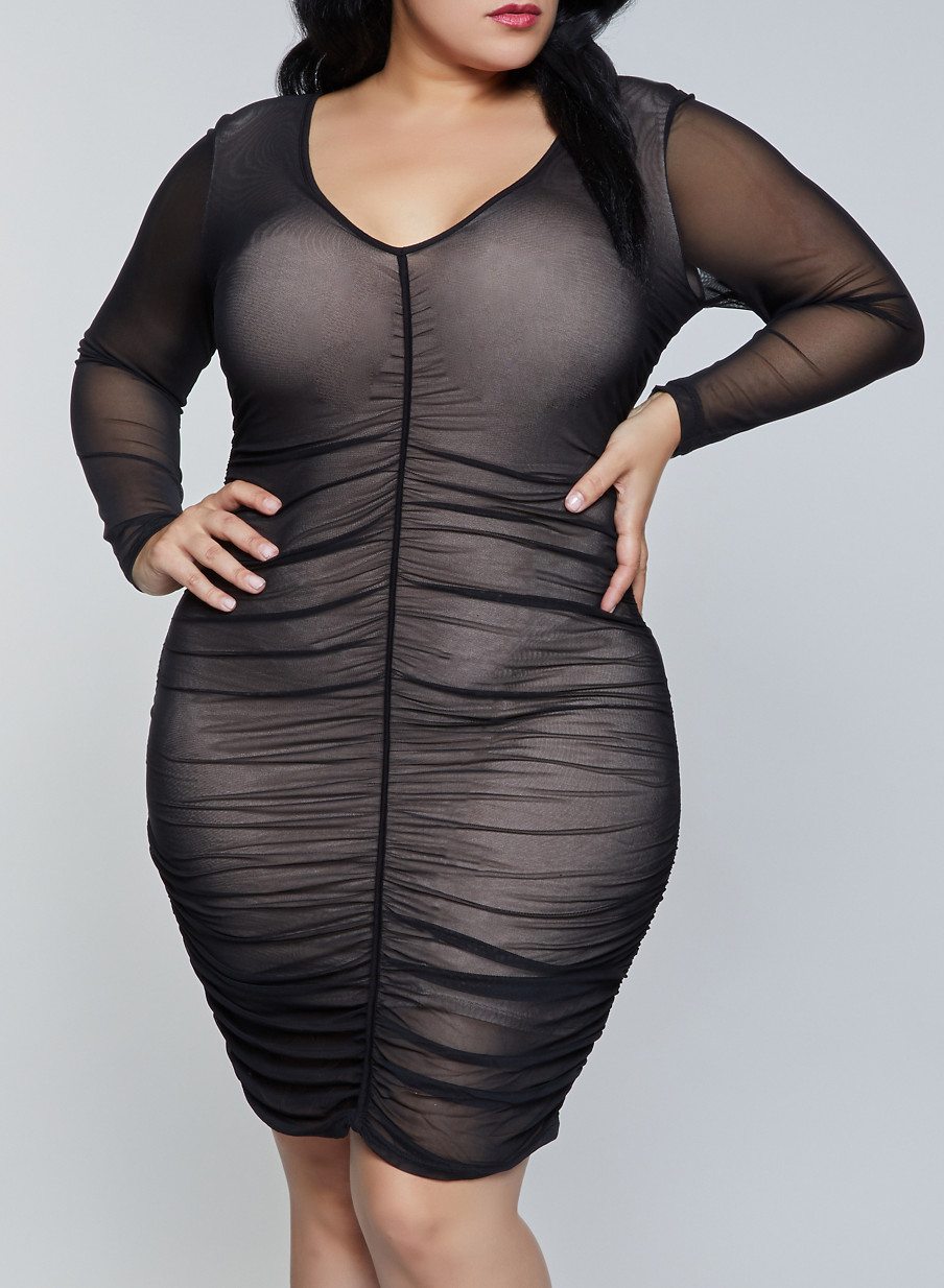 Plus Size Mesh Ruched Bodycon Dress