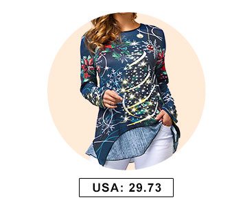 Christmas Print Navy Blue Round Neck T Shirt 