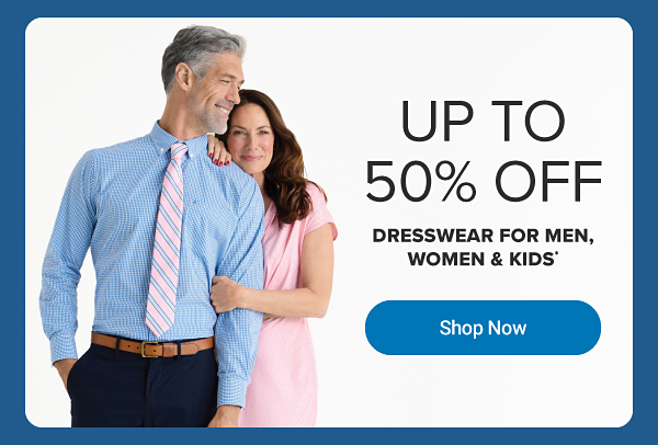 Image of a man wearing a blue button down and pink tie with a woman wearing a pink dress. Up to 60% off dresswear for men, women and kids. Shop now.