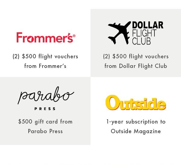 FROMMER'S AND DOLAR FLIGHT CLUB VOUCHERS + PARABO PRESS GIFT CARD + OUTSIDE MAGAZINE SUBSCRIPTION.