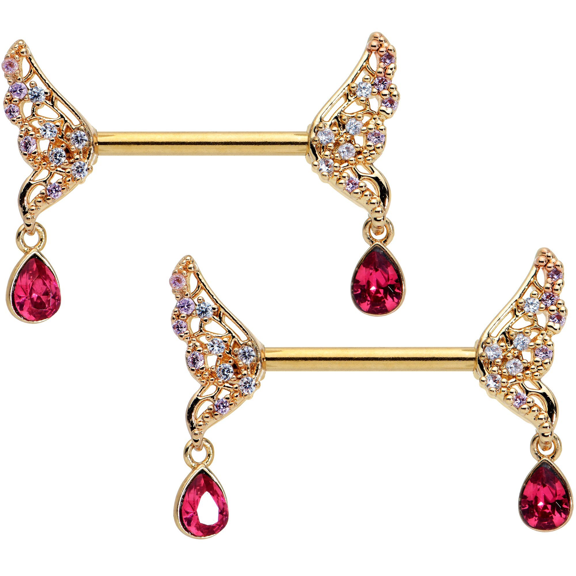 Image of 14 Gauge 9/16 Red Gem Gold Tone Wing Dangle Barbell Nipple Ring Set