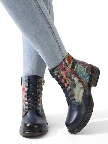 Watercolor Rose Leather Flat Boots