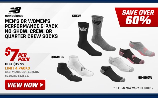  New Balance Men’s or Women’s Performance 6-Pack No-Show, Crew, or Quarter Crew Socks