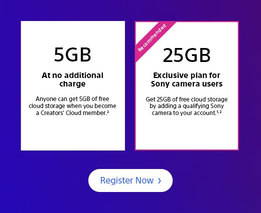 5GB At no additional charge Anyone can get 5GB of free cloud storage when you become a Creators' Cloud member.2 | 25GB Exclusive plan for -Sony camera users Get 25GB of free cloud storage -by adding a qualifying Sony camera to your account.1, 2
