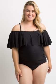 Black Ruffle Trim Ruched One-Piece Maternity Plus Swimsuit