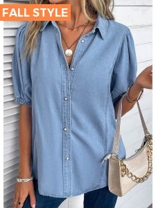 ROTITA Button Light Blue Shirt Collar Half Sleeve Blouse