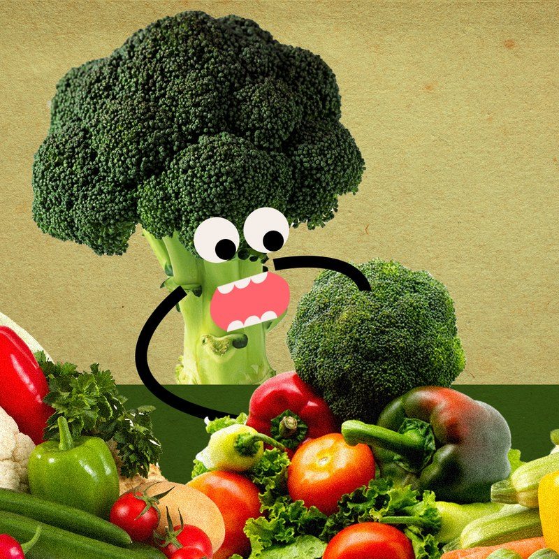  Broccoli eating mound of Vegetables for our story about How to Eat More Vegetables.