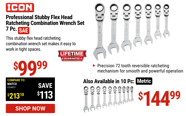 Professional Stibby Flex Head Ratcheting Combination Wrench Set 7 Pc.