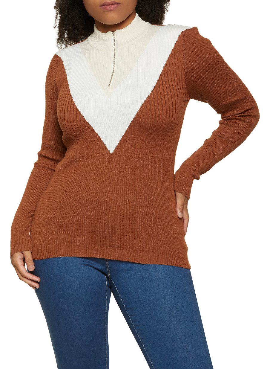 Plus Size Chevron Zip Neck Sweater