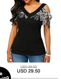 Lace Patchwork Cold Shoulder V Neck Blouse