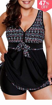 Printed Bowknot Embellished Plus Swimdress and Black Shorts