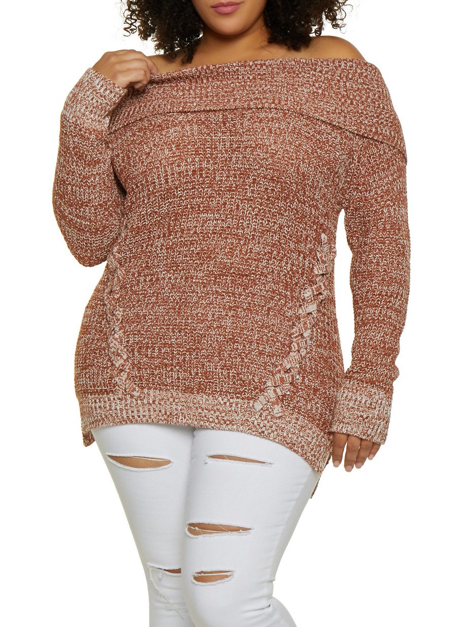 Plus Size Lace Up Off the Shoulder Sweater