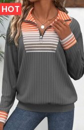 Orange Patchwork Striped Long Sleeve Turn Down Collar Sweatshirt