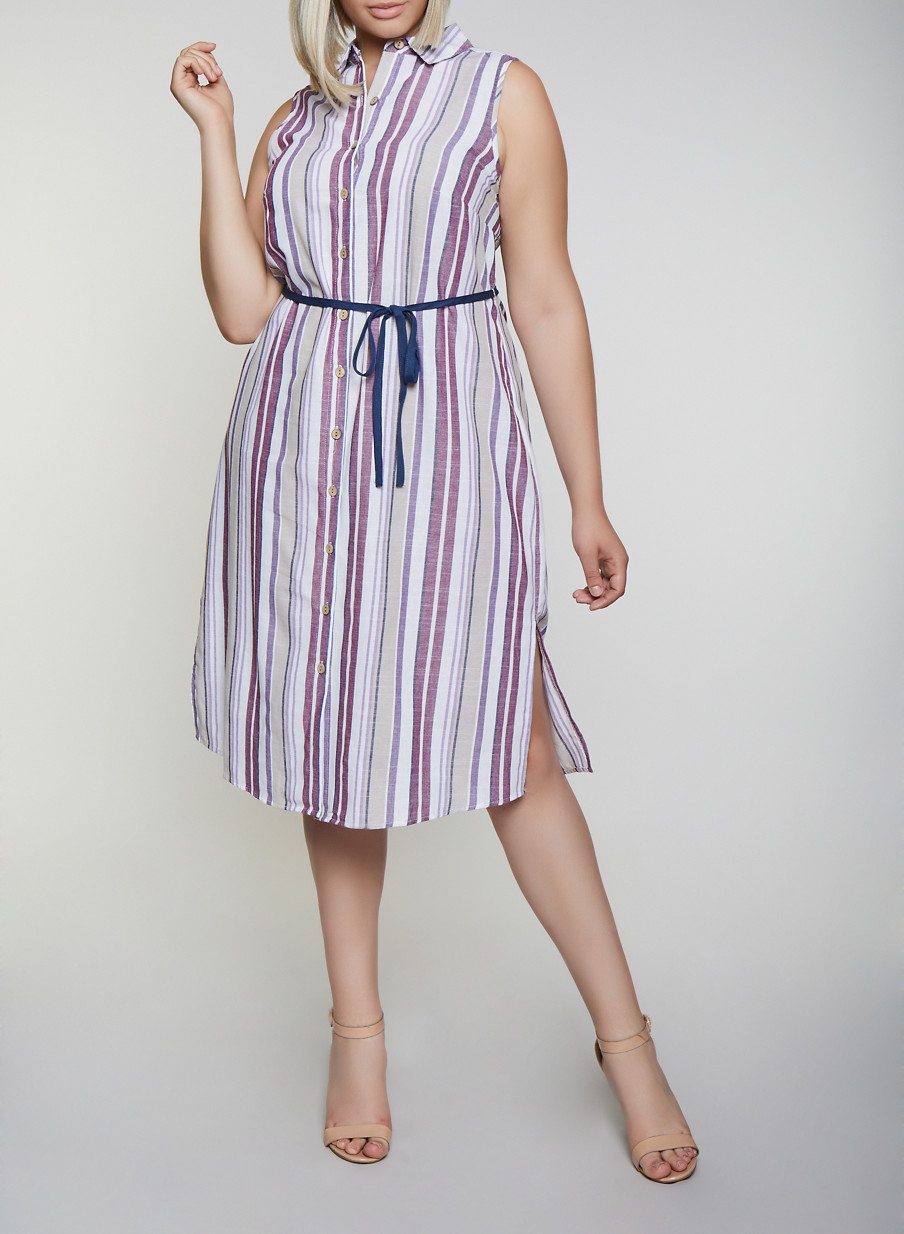 Plus Size Striped Sleeveless Tie Waist Shirt Dress