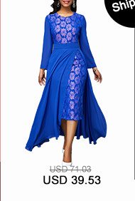 Patterned Lace Panel Chiffon Overlay Royal Blue Dress