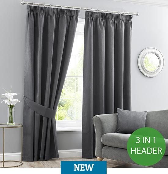 Arden Charcoal Thermal Coated 3in1 Multi Header Curtains From £25 >