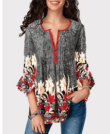 Button Up Pleated Printed Three Quarter Sleeve Blouse