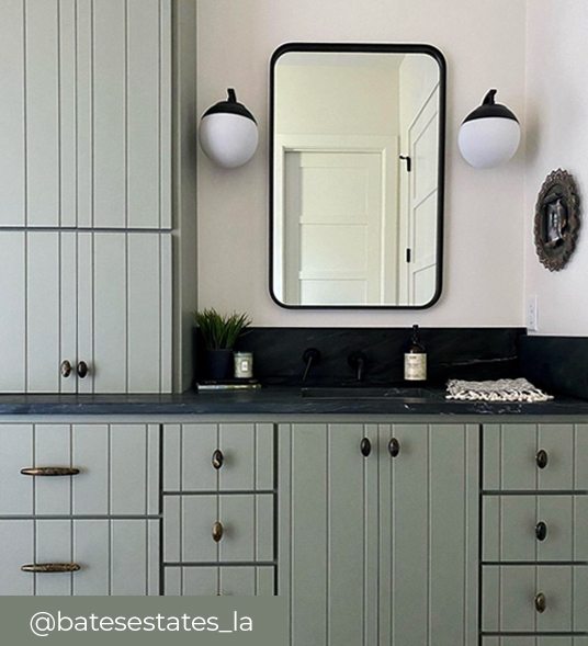 Image of bathroom cabinets painted in Evergreen Fog by @batesestates_la