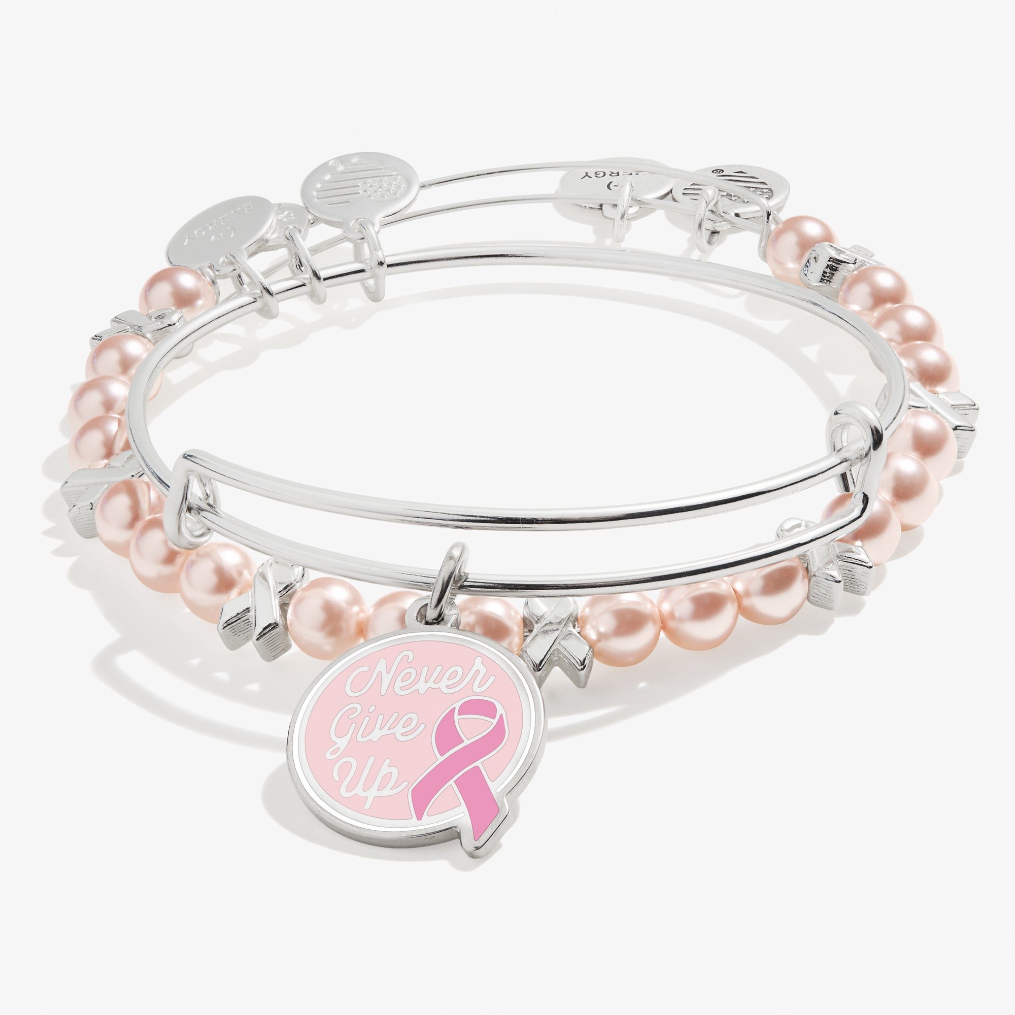 'Never Give Up' Breast Cancer Awareness Charm Bangles, Set of 2