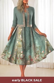 Floral Print Two Piece Sage Green Dress and Cardigan