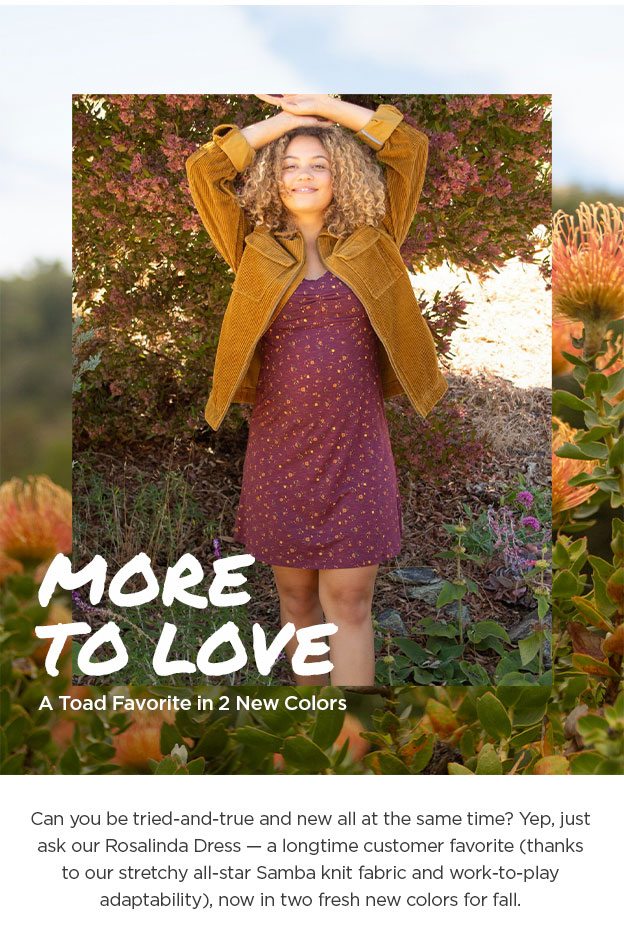 More to love. A Toad favorite in 2 new colors. Can you be tried-and-true and new all at the same time? Yep, just ask our Rosalinda Dress — a longtime customer favorite (thanks to our stretchy all-star Samba knit fabric and work-to-play adaptability), now in two fresh new colors for fall.