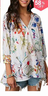 Printed Three Quarter Sleeve Button Neck Blouse