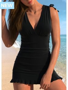 ROTITA Ruched Wide Strap Black Swimdress Top