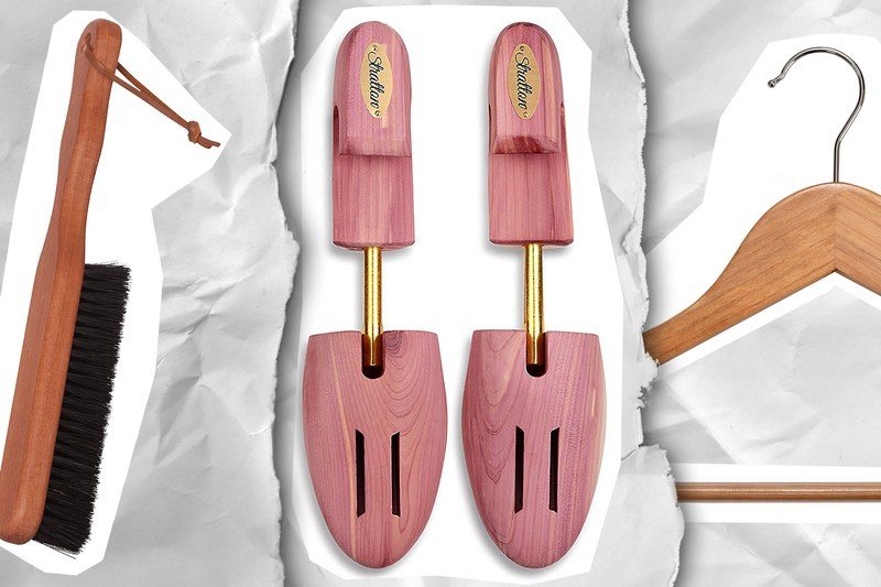 A clothes brush, some shoe trees and a wooden hanger on a paper background