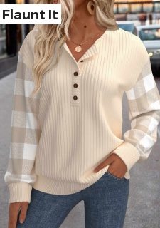 Beige Patchwork Plaid Long Sleeve Round Neck Sweatshirt