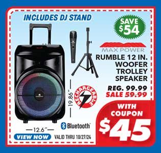 Max Power Rumble 12'' Woofer Bluetooth Trolley Speaker with Stand