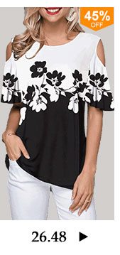 Cold Shoulder Color Block Flower Print T Shirt